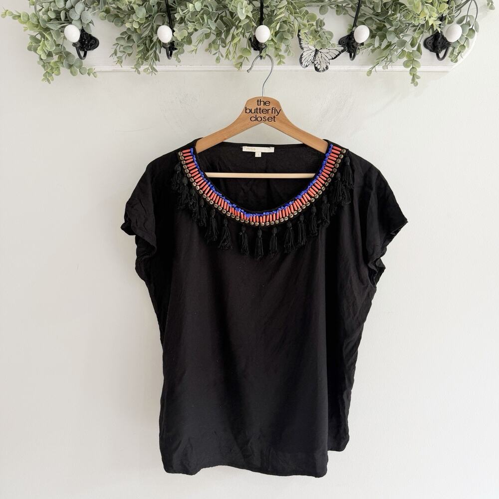 Maje Black Beaded And Tasseled Boho Cap Sleeve Top Size 2 OO5662